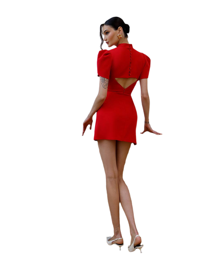 Red dress with cut-out back on a white background