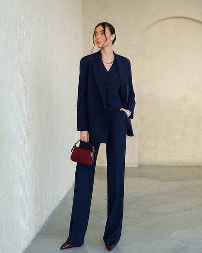 Womens Premium Navy Blue Three Piece Suit Blazer Vest Trousers