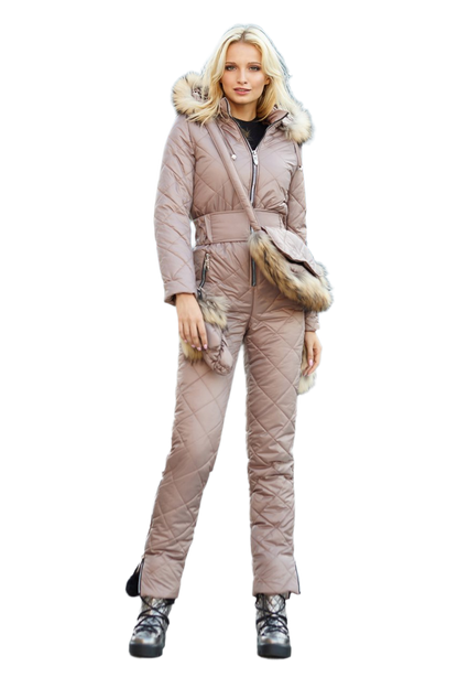 Luxury Winter Women's Ski Jumpsuit with Natural Raccoon Fur Trim