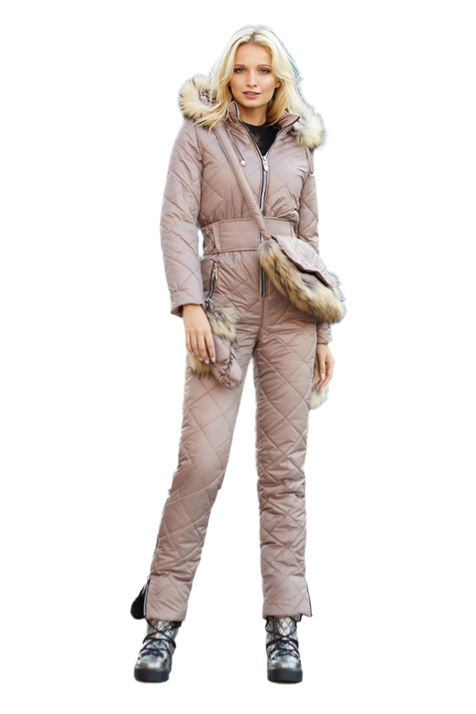 Luxury Winter Women's Ski Jumpsuit with Natural Raccoon Fur Trim