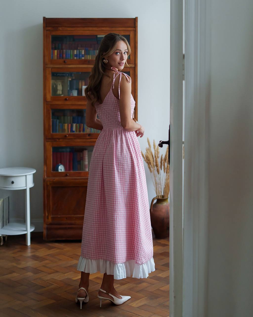 Pink Checked Cotton Sundress with Crinkled Batiste Lining for Women