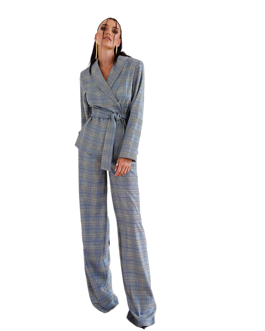 Womens Checkered Suit with Belt in Blue and Mustard
