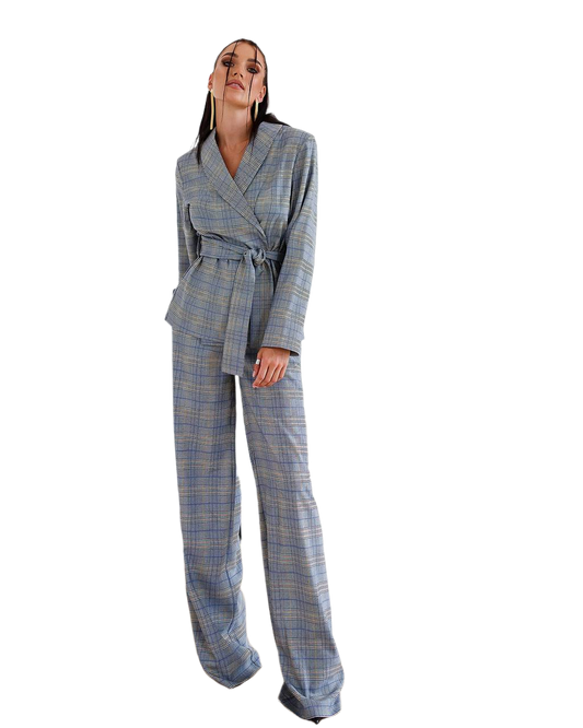 Womens Checkered Suit with Belt in Blue and Mustard