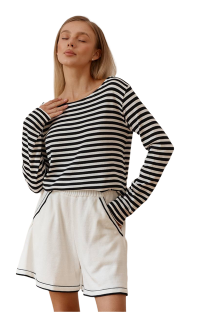 Women Sailor Costume Set Black and White Striped Long Sleeve Top and White Shorts