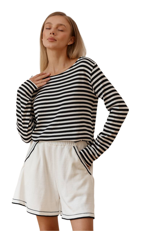 Women Sailor Costume Set Black and White Striped Long Sleeve Top and White Shorts
