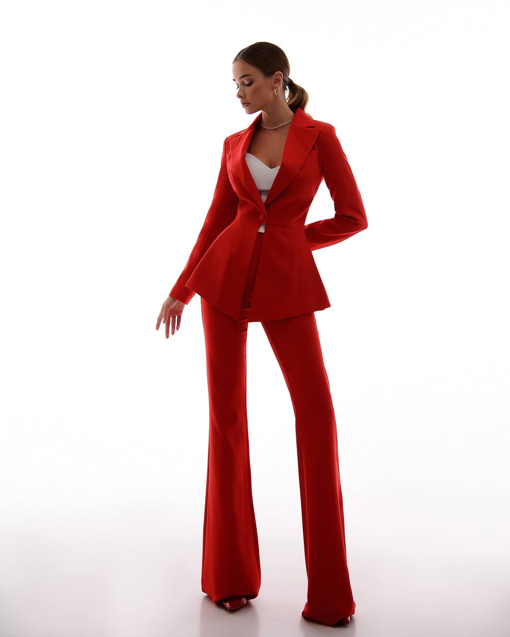 Premium Diagonal Crepe Women's Peplum Suit in Red