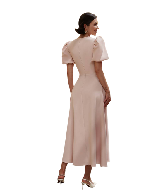 Elegant Puff Sleeve Midi Dress in Premium Diagonal Suit Crepe