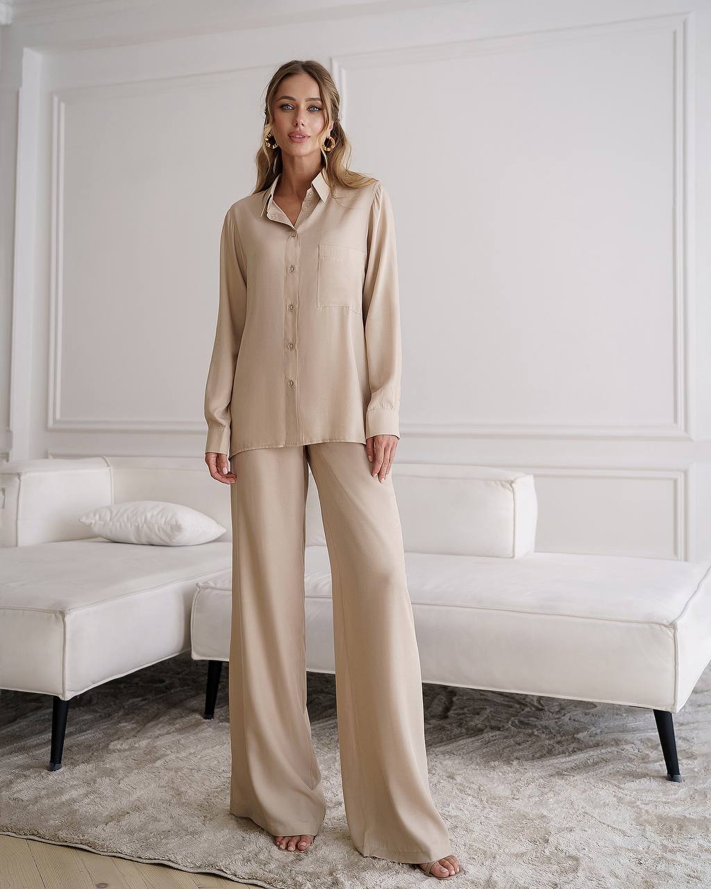 Womens Viscose Twill Suit Shirt and Elastic Waistband Pants