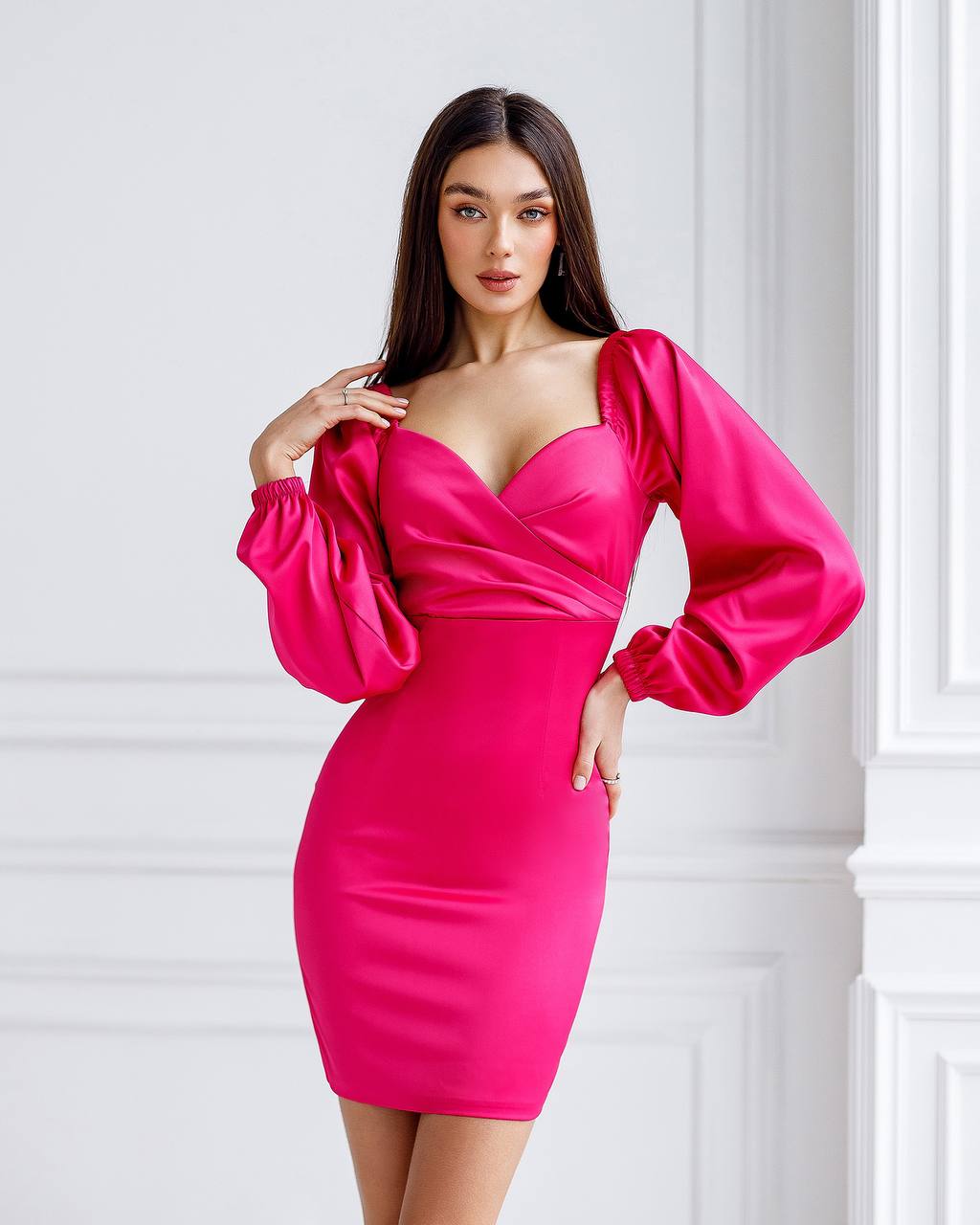 Elegant Raspberry Satin Mini Dress with Long Puff Sleeves
