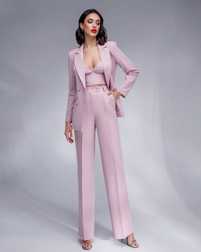 Pink Prom Bridal Wedding Cocktail Graduation Three Piece Womens Suit Jacket Top Trousers Elegant Business Outfit Pantsuit Palazzo Pants