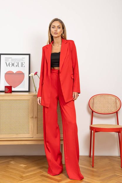 Red Diagonal Crepe Palazzo Suit Women Tailored Blazer Wide Leg Pants
