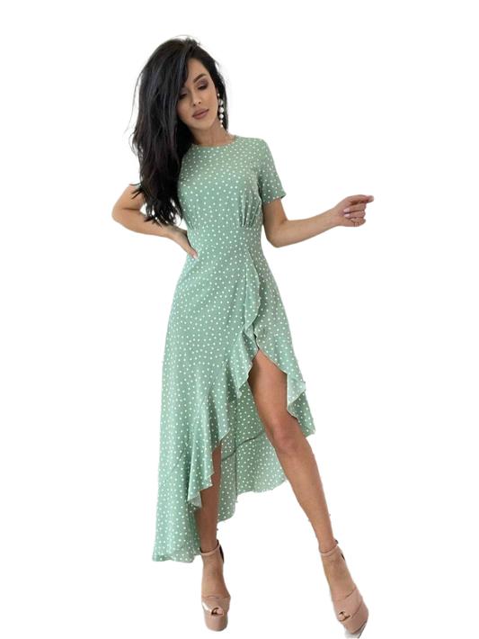 Polka Dot Ruffle High Low Soft Fabric Dress for Women