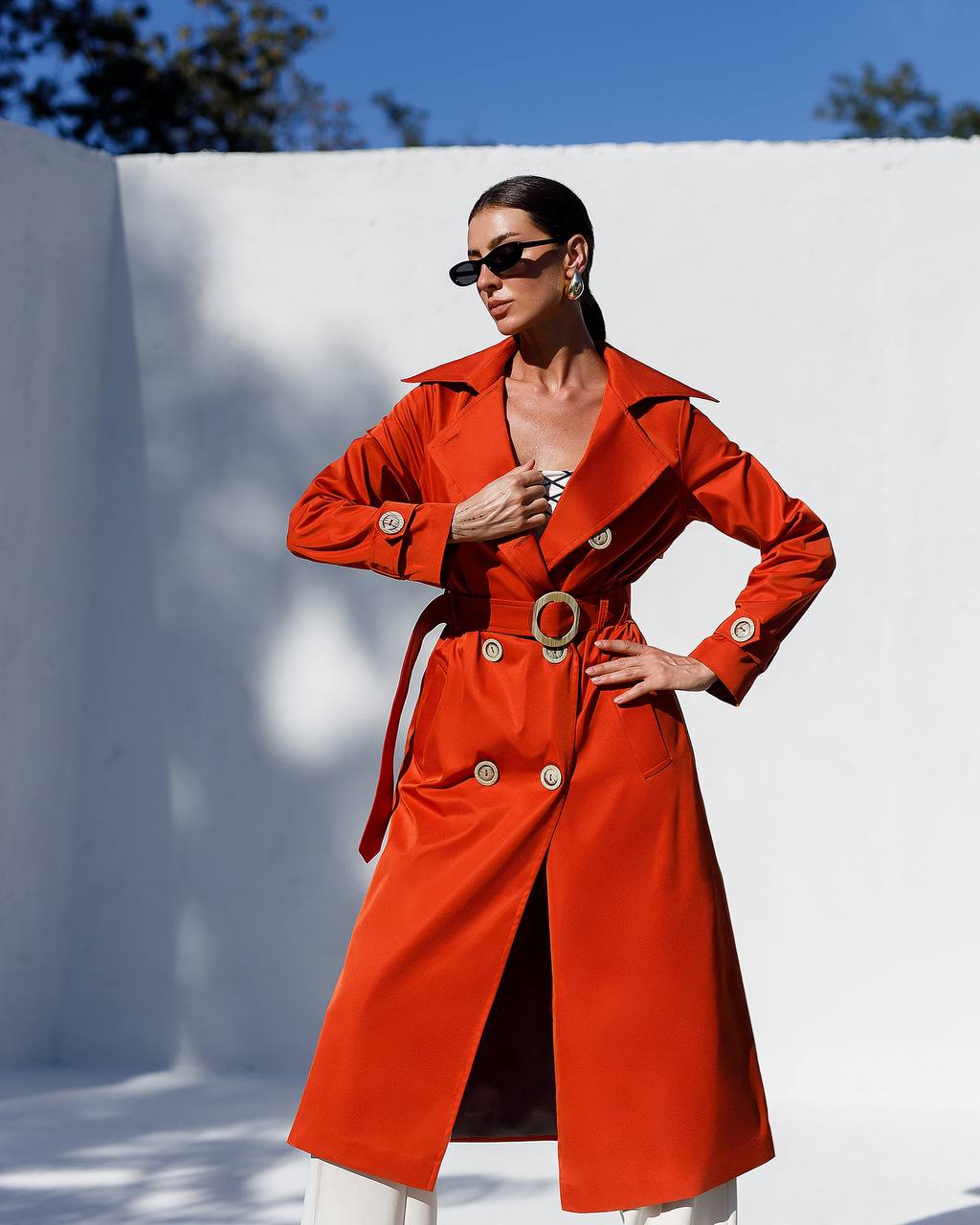 Stylish Red Trench Coat with Pockets and Belt for Women's Fashion