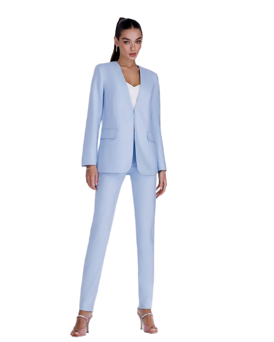 Collarless Women's Suit Jacket and Pants Light Blue