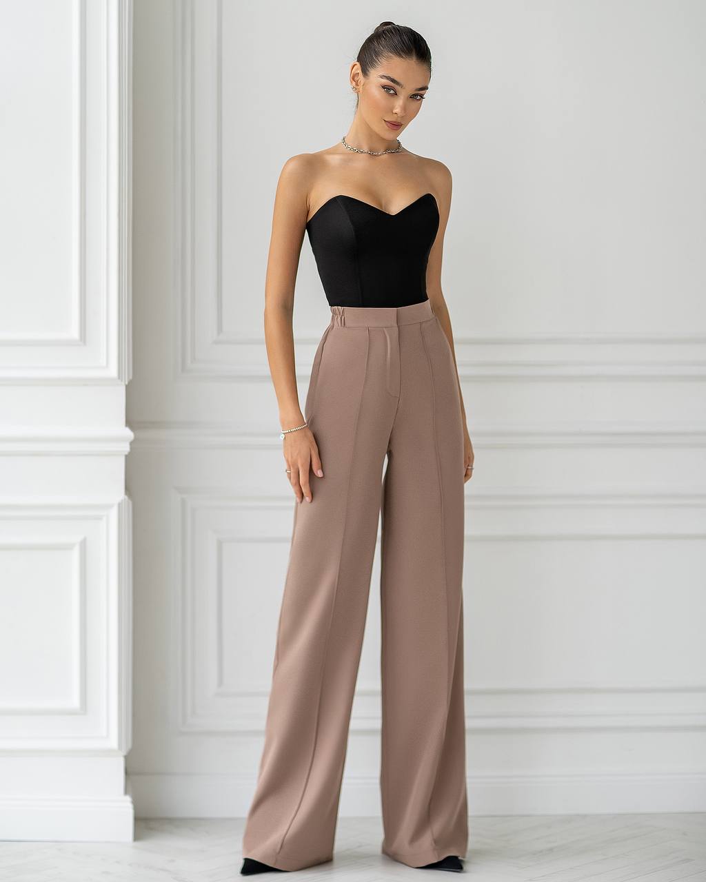 Women Elastic Back Wide Leg Pants Premium Suit Crepe Diagonal