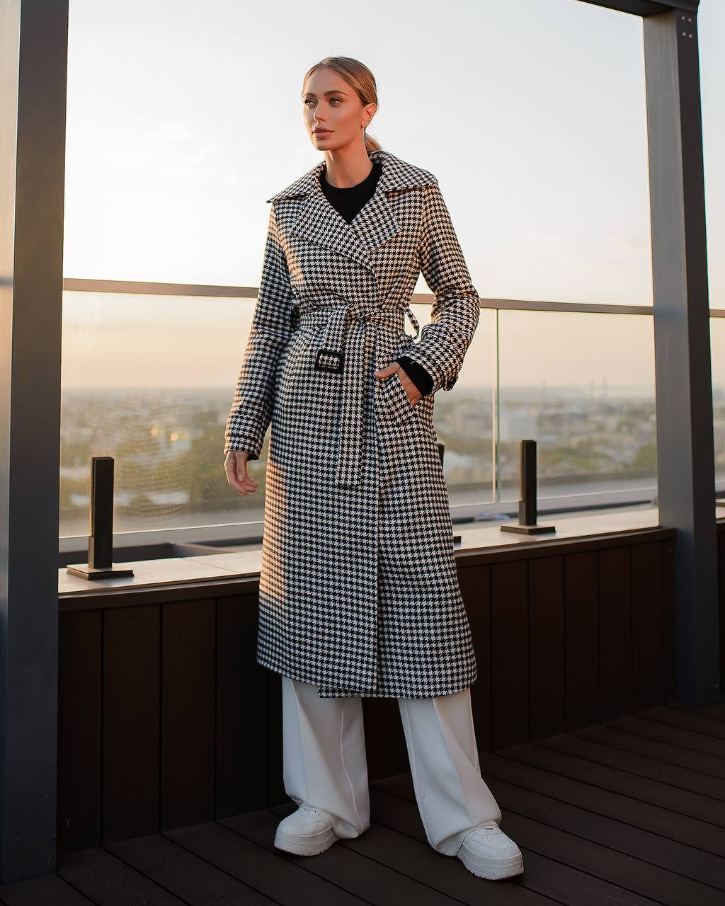 Womens Houndstooth Turkish Coat with Belt