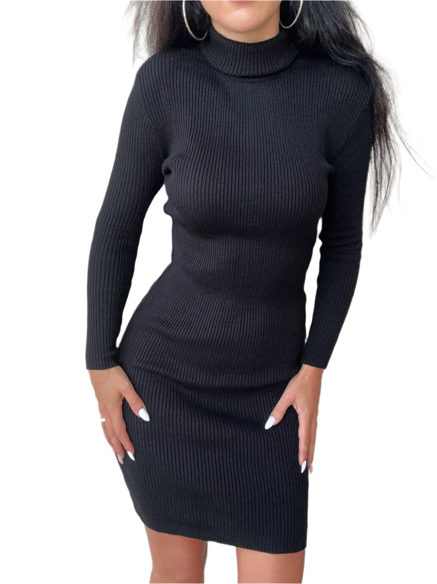 Black ribbed knit dress worn by a person on a white background
