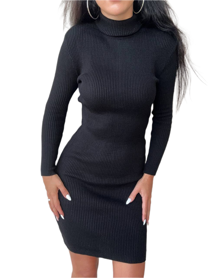 Black ribbed knit dress worn by a person on a white background