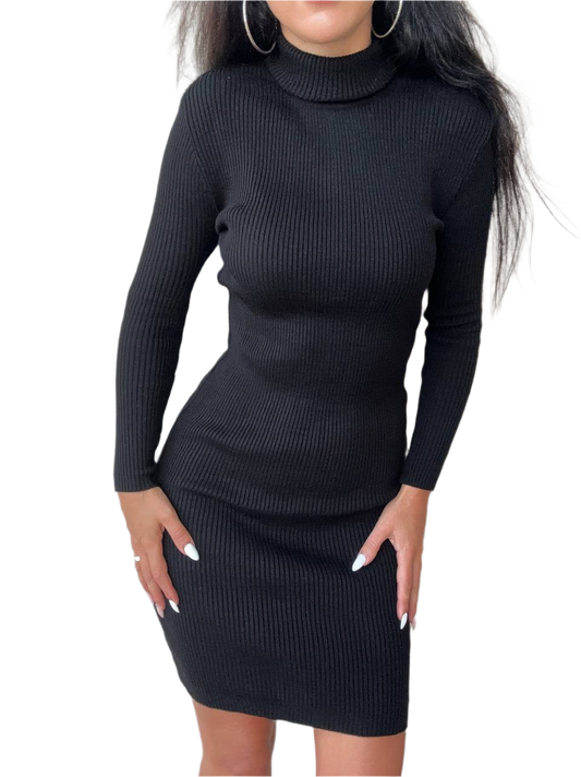 Black ribbed knit dress worn by a person on a white background