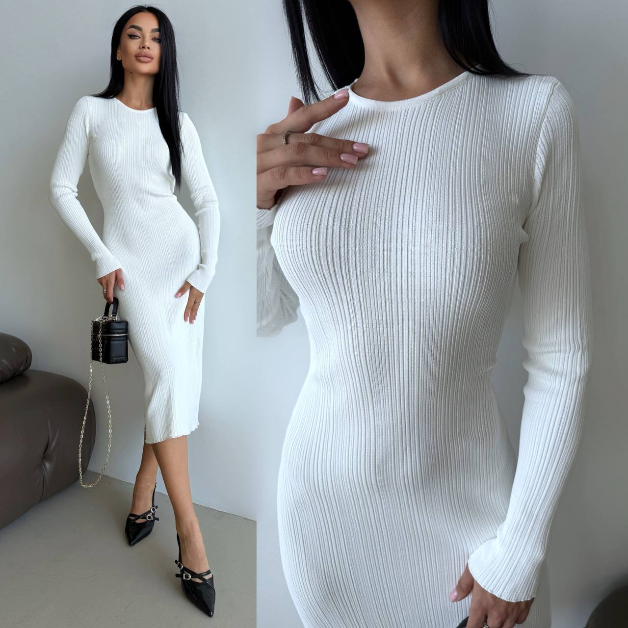 White ribbed dress worn by a model with close-up details, holding a black handbag.