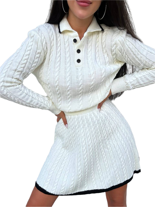 Christian Womens Knitted Suit Top and Skirt Set White Black Trim