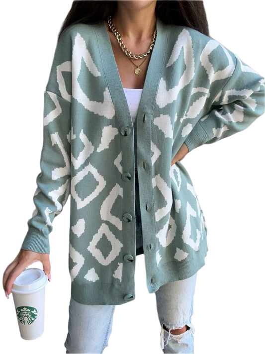 Womens Leo Cardigan Oversized Pattern Knit Sweater