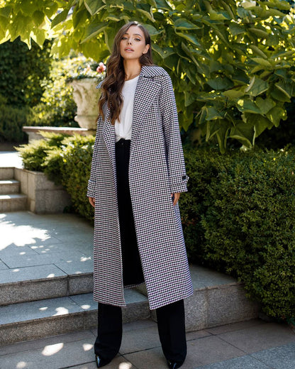 Womens Turkish Fabric Houndstooth Pattern Coat Long Trench Style Belted