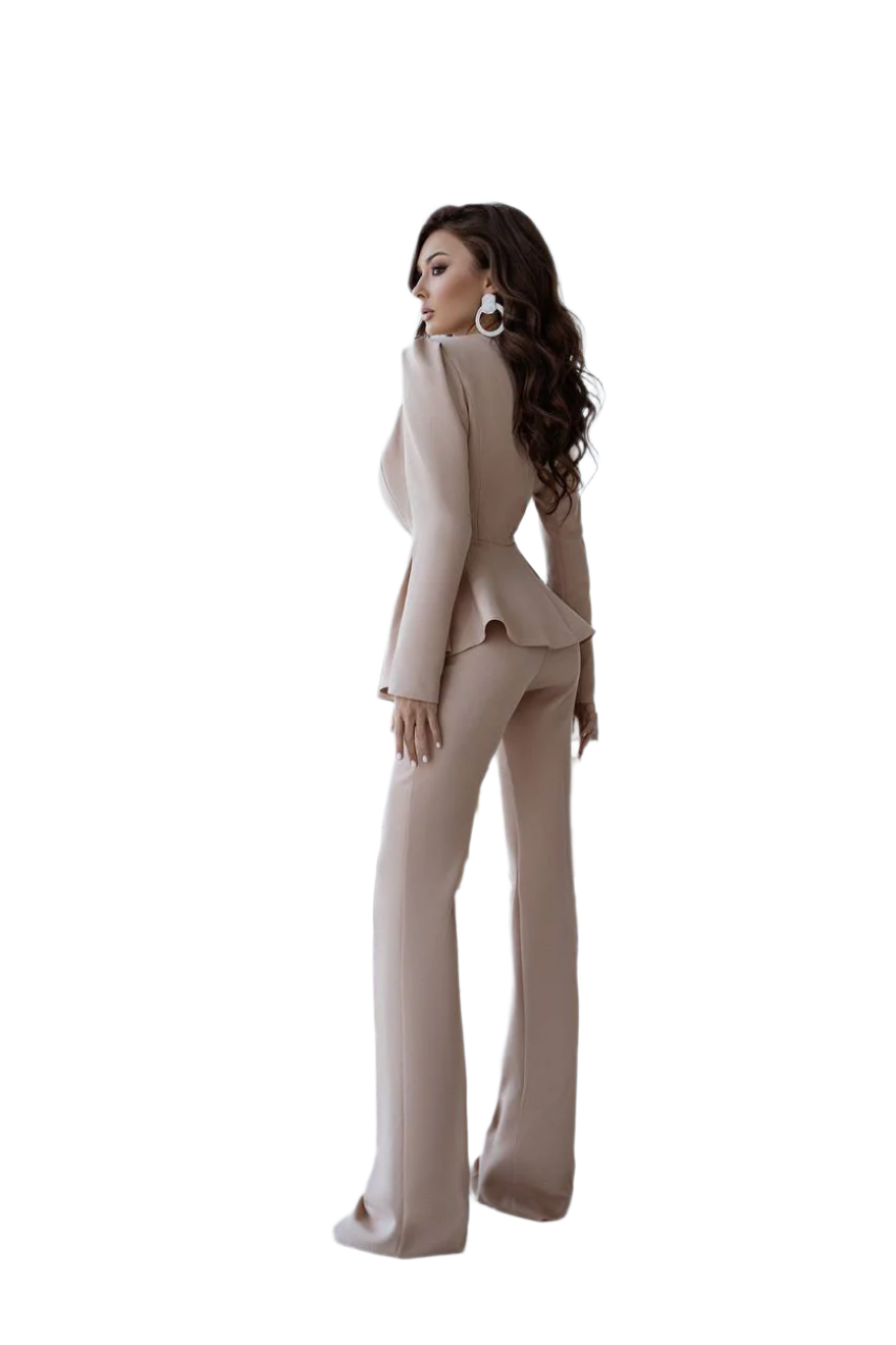 Woman wearing a beige suit on a white background