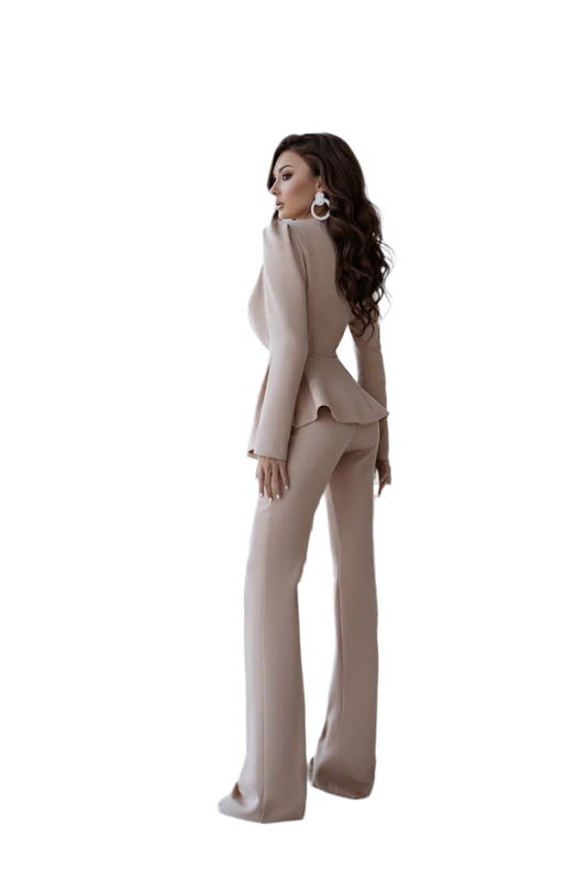 Woman wearing a beige suit on a white background