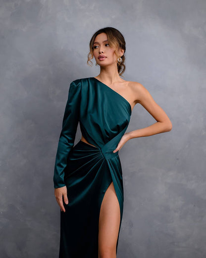 Elegant One Shoulder Maxi Dress in Premium Mango Satin