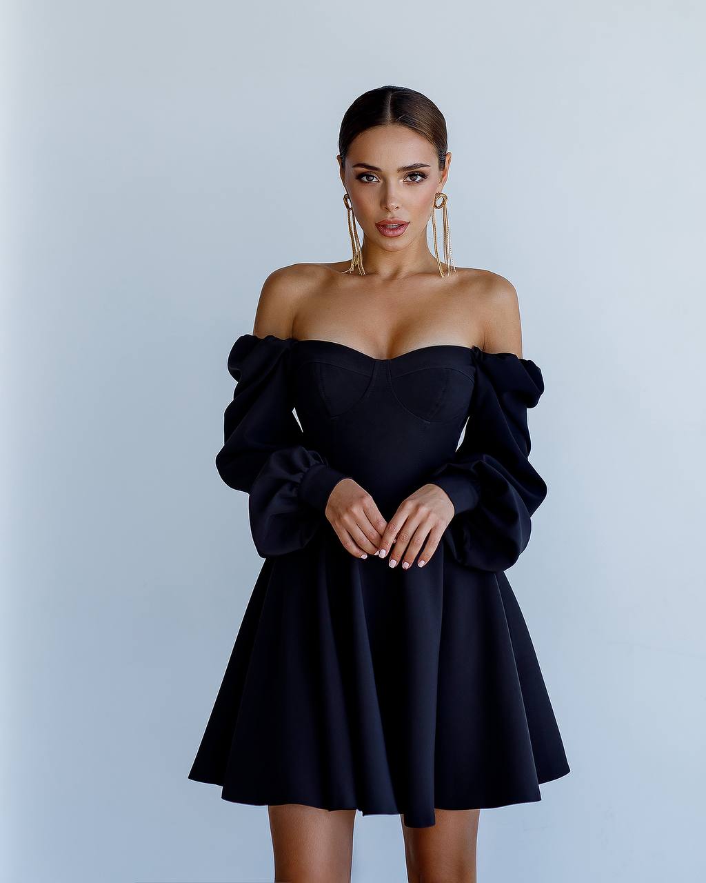 Off Shoulder Dress with Cups Premium Suiting Crepe Diagonal