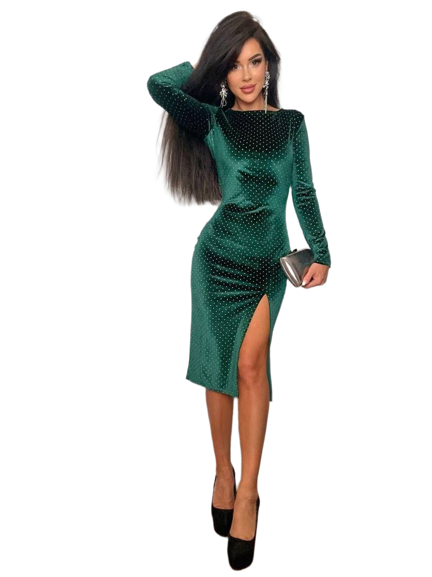 Elegant Green Midi Velour Dress with Silver Dot Details and Side Slit