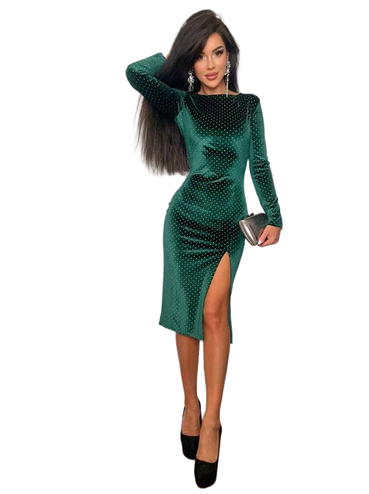 Elegant Green Midi Velour Dress with Silver Dot Details and Side Slit