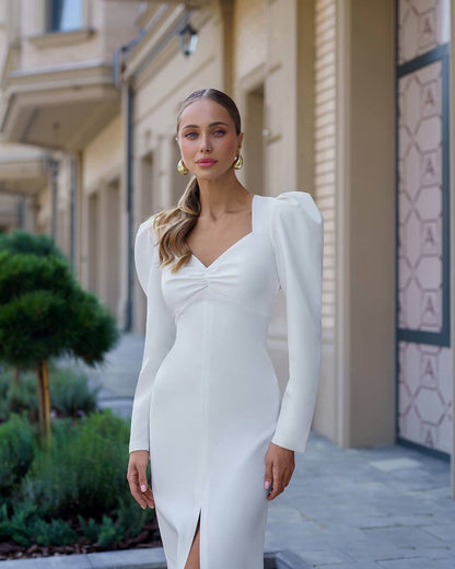 Elegant White Midi Dress Women Puff Sleeves Split Front Suit Crepe