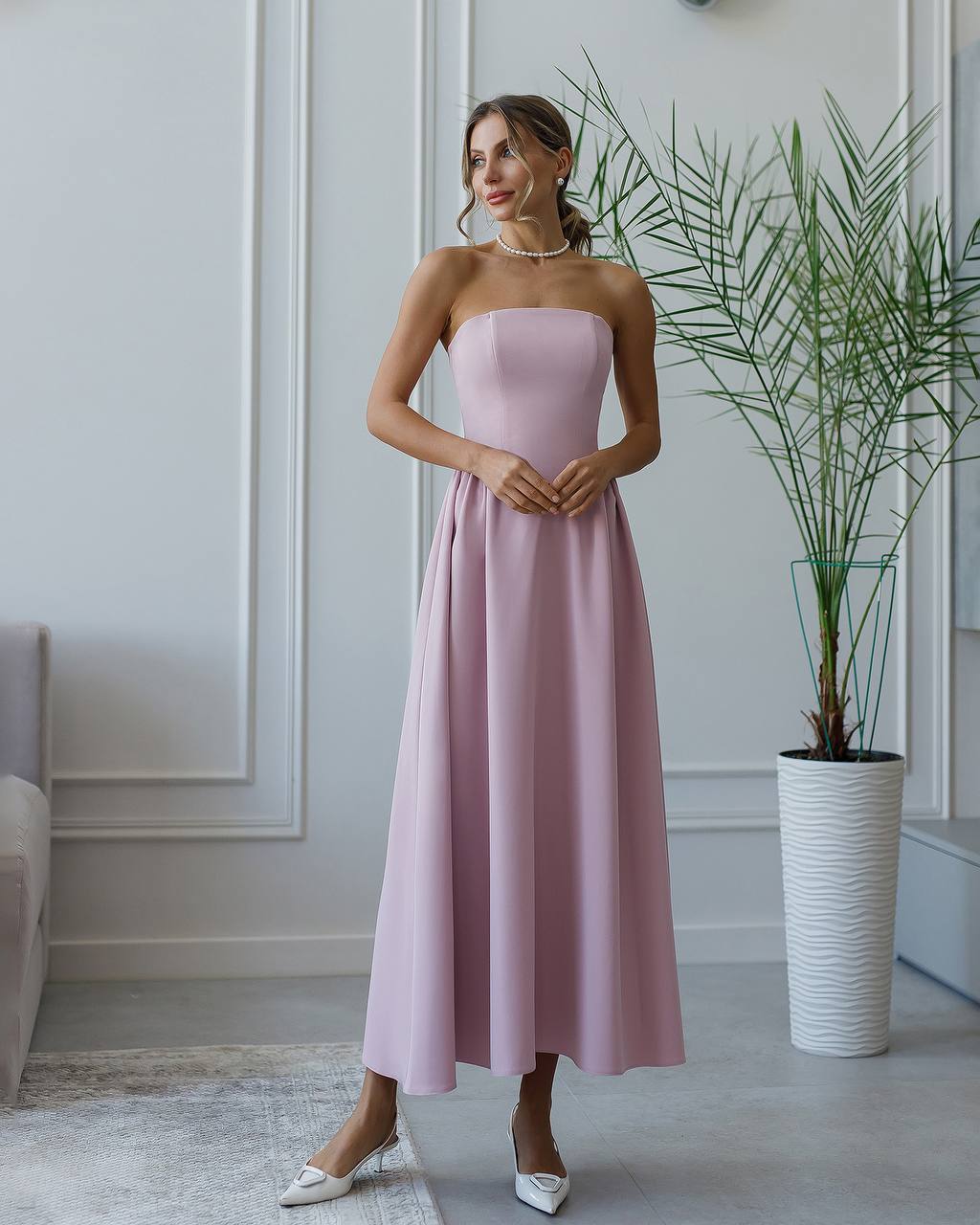 Strapless Midi Dress Women Premium Crepe Fabric Elegant Cocktail Dress