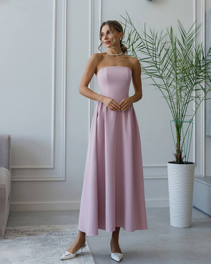 Strapless Midi Dress Women Premium Crepe Fabric Elegant Cocktail Dress