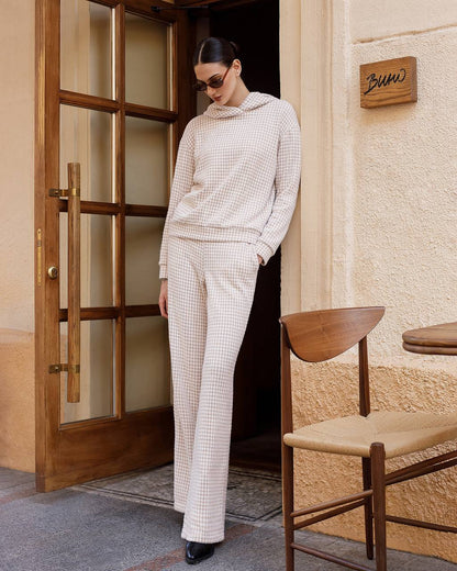 Womens Dense Knit Houndstooth Pattern Suit Imitation Rabbit Fur Beige
