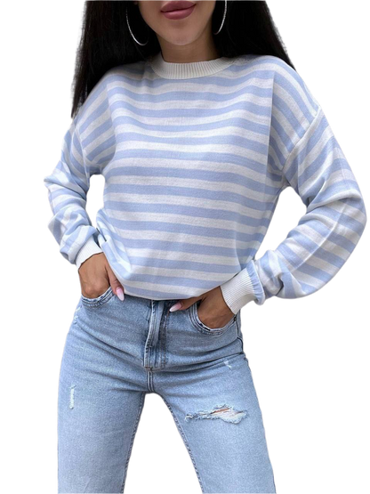 Womens Striped Knit Sweater Soft Wool Acrylic Blend Light Blue White
