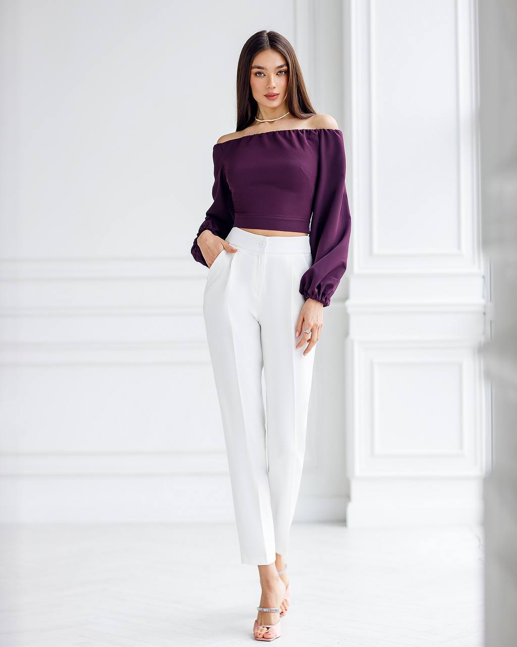 Womens Off Shoulder Cropped Top with Puff Sleeves