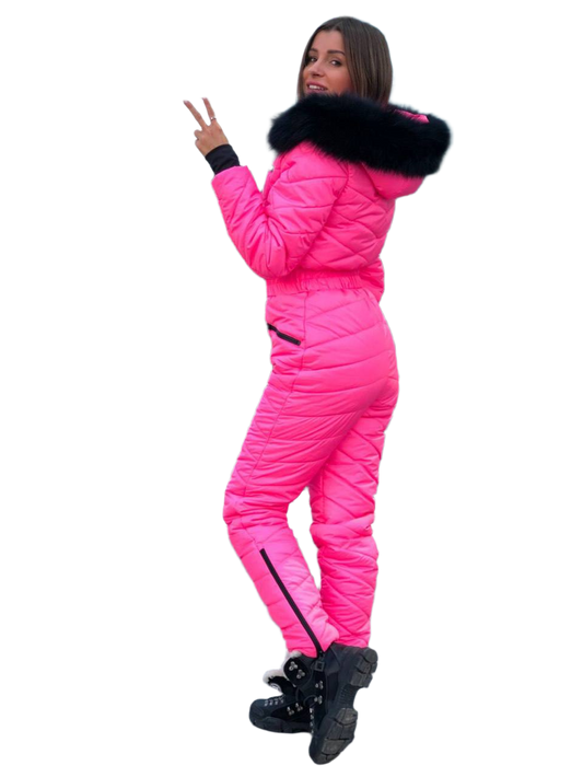 Womens Insulated Pink Ski Jumpsuit with Black Natural Fur Hood