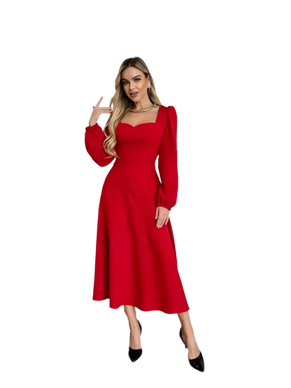 Elegant Red Midi Dress with Long Sleeves