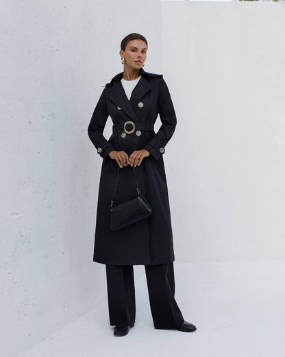 Stylish Black Trench Coat for Women with Belt and Pockets
