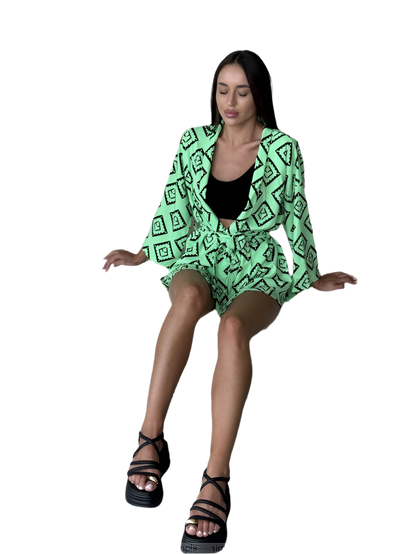 Womens Green Patterned Soft Fabric Kimono Set with Shorts