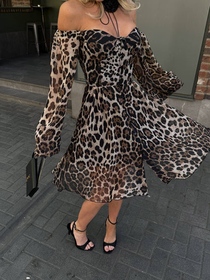 Person wearing a leopard print dress on a street.