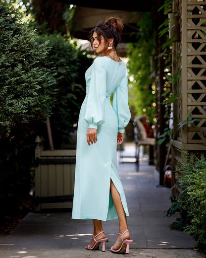 Elegant Midi Dress in Tiffany Blue with Balloon Sleeves