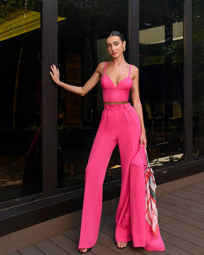 Prom Bridal Wedding Cocktail Graduation Pink Three-Piece Women Suit Jacket Top Trousers Pantsuit Palazzo Pants