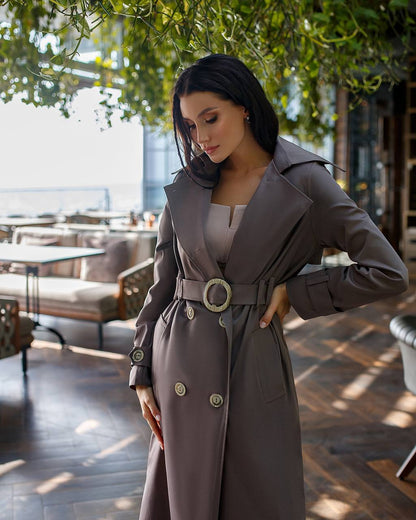 Stylish Cotton Trench Coat with Pockets and Belted Waist for Chic Fall Look