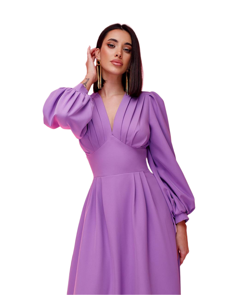 Elegant Purple Midi Dress with Pleated Bodice and Balloon Sleeves