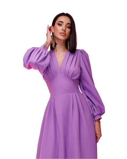 Elegant Purple Midi Dress with Pleated Bodice and Balloon Sleeves