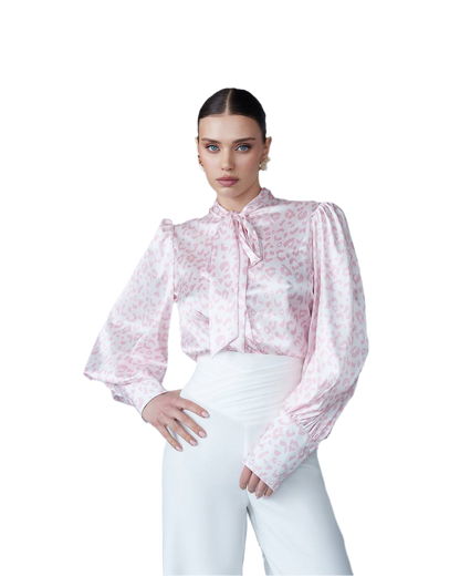 Womens Satin Printed Blouse with Tie Neck in Pink Leo